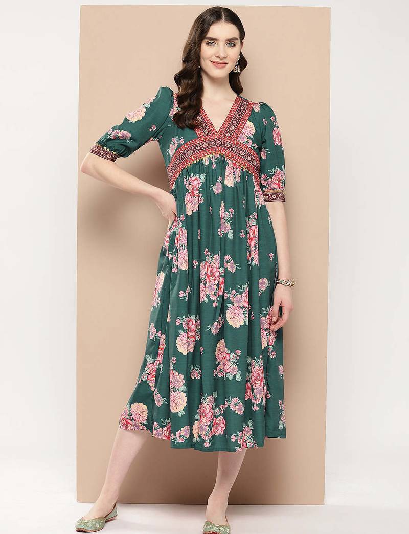 Green printed crepe ethnic dresses