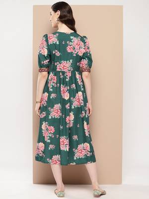 Green printed crepe ethnic dresses 2