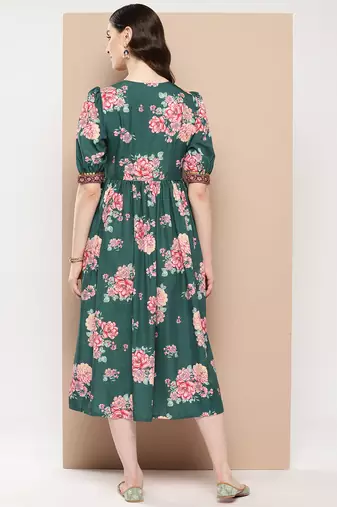 Green printed crepe ethnic dresses