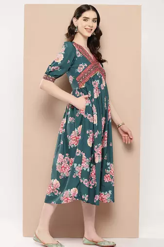 Green printed crepe ethnic dresses