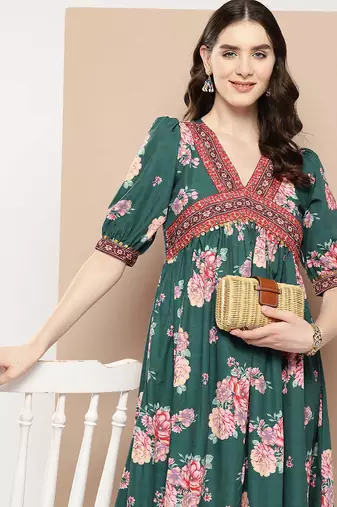 Green printed crepe ethnic dresses