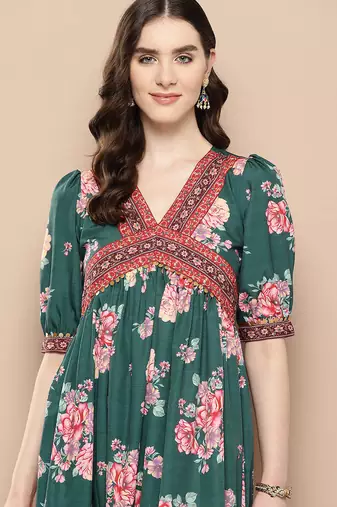 Green printed crepe ethnic dresses