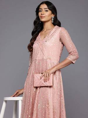 Peach printed net ethnic dresses 2