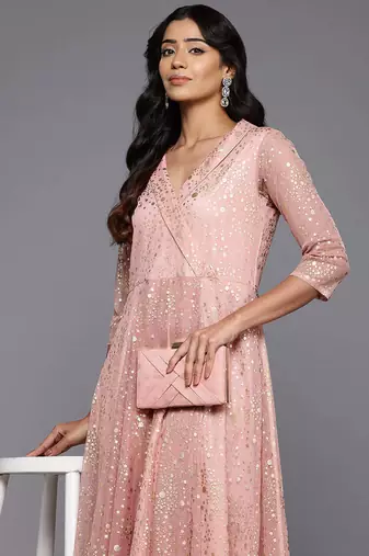 Peach printed net ethnic dresses