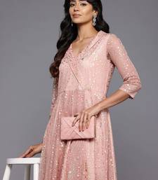 Peach printed net ethnic dresses