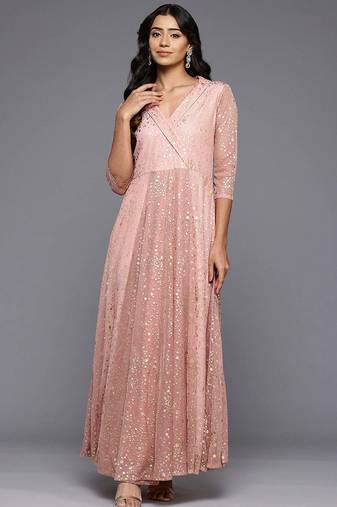 Peach printed net ethnic dresses