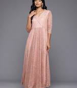 Peach printed net ethnic dresses