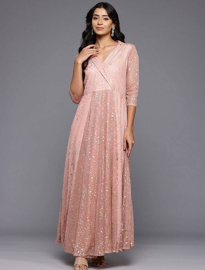 Peach printed net ethnic dresses