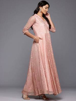 Peach printed net ethnic dresses 4