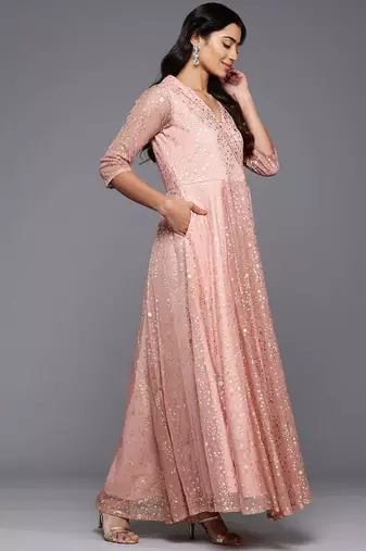 Peach printed net ethnic dresses