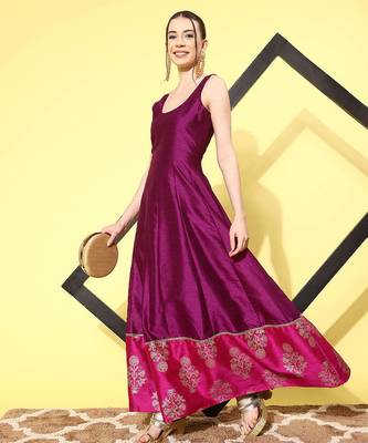 Purple printed poly silk ethnic dresses 2