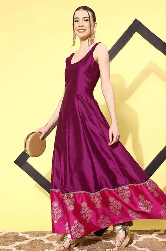 Purple printed poly silk ethnic dresses