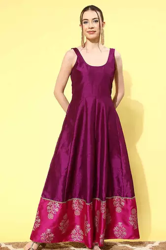 Purple printed poly silk ethnic dresses