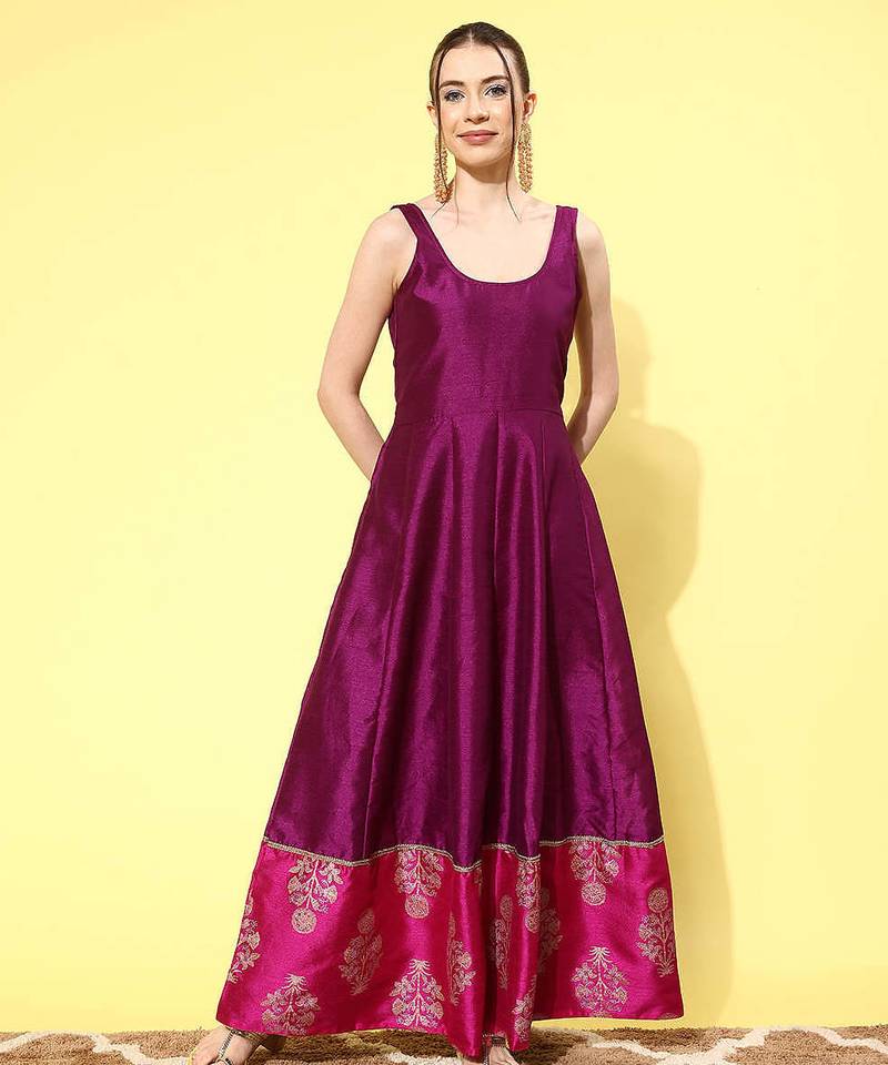 Purple printed poly silk ethnic dresses
