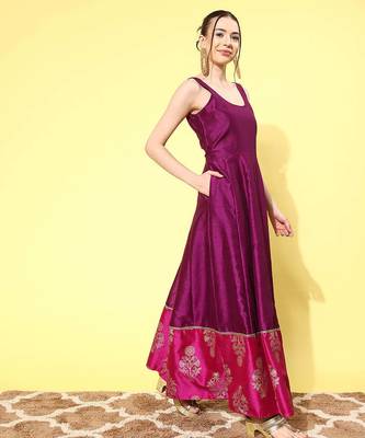 Purple printed poly silk ethnic dresses 3
