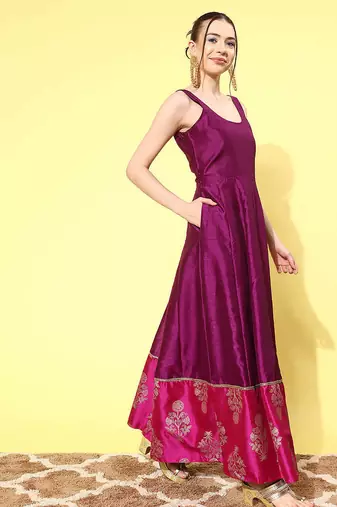 Purple printed poly silk ethnic dresses