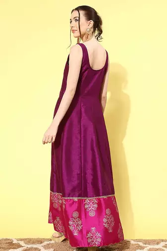 Purple printed poly silk ethnic dresses