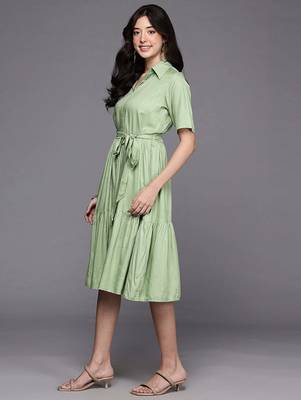 Green printed viscose rayon ethnic dresses 3