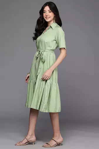 Green printed viscose rayon ethnic dresses