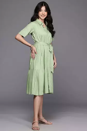 Green printed viscose rayon ethnic dresses