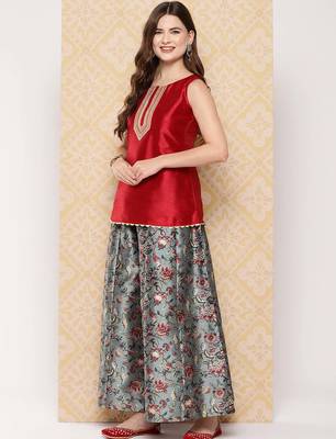 Red woven art silk co ord set 2