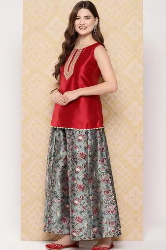 Red woven art silk co ord set