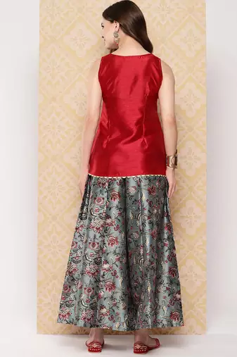 Red woven art silk co ord set