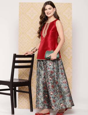 Red woven art silk co ord set 4