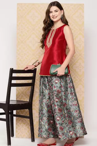 Red woven art silk co ord set