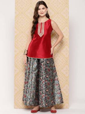 Red woven art silk co ord set 1