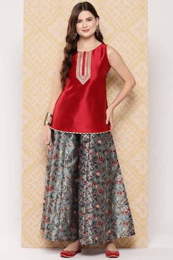 Red woven art silk co ord set