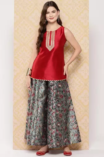 Red woven art silk co ord set