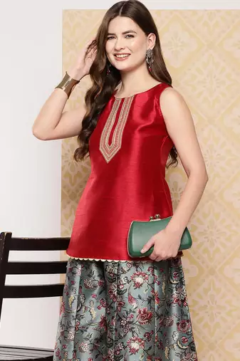 Red woven art silk co ord set