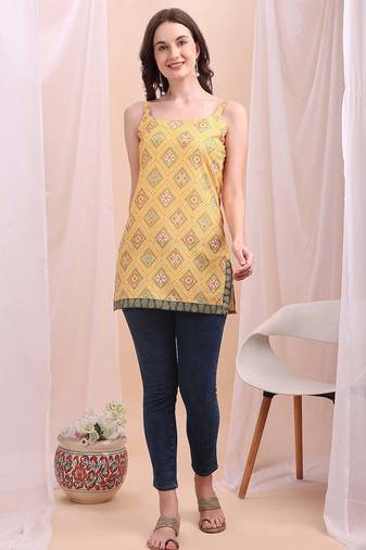 Yellow printed poly silk tunics