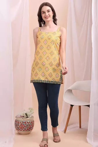 Yellow printed poly silk tunics