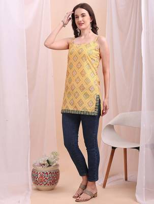 Yellow printed poly silk tunics 2