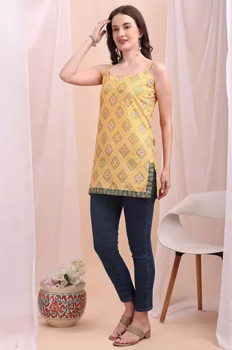 Yellow printed poly silk tunics