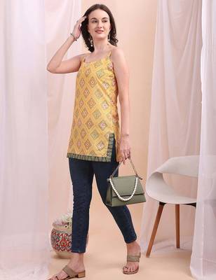 Yellow printed poly silk tunics 3
