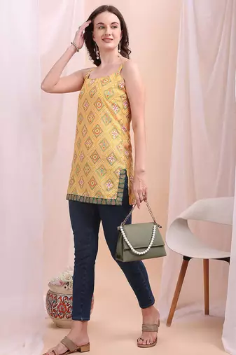 Yellow printed poly silk tunics