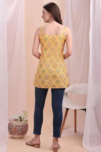 Yellow printed poly silk tunics