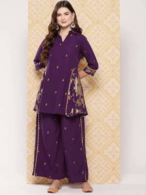 Burgundy printed crepe co ord set 1