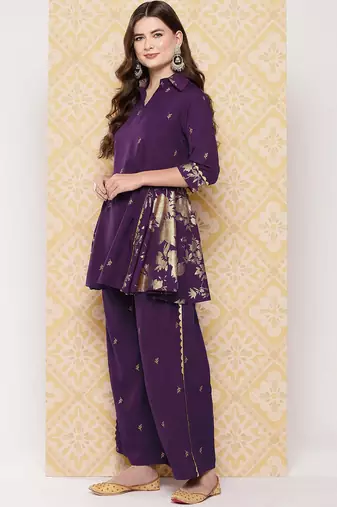 Burgundy printed crepe co ord set