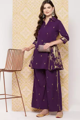 Burgundy printed crepe co ord set