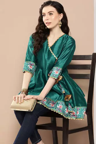 Green solid poly silk tunics