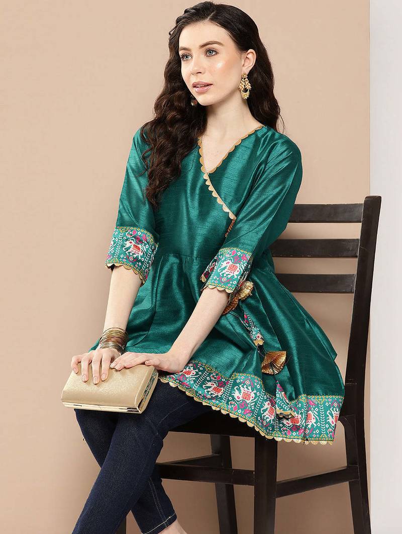 Green solid poly silk tunics