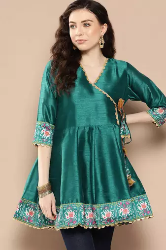 Green solid poly silk tunics