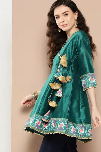 Green solid poly silk tunics