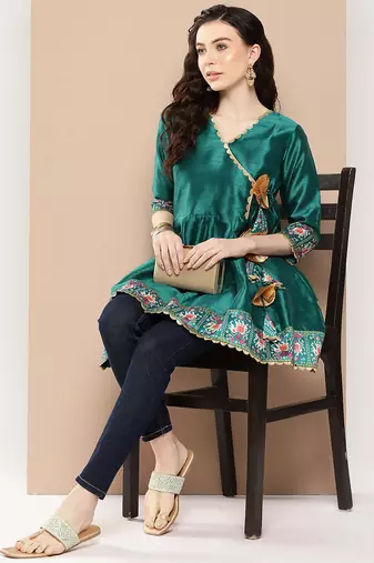 Green solid poly silk tunics