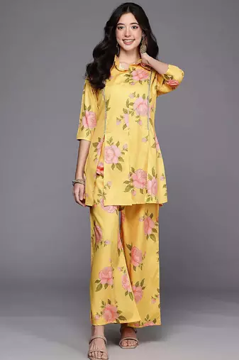 Yellow printed polyester co ord set