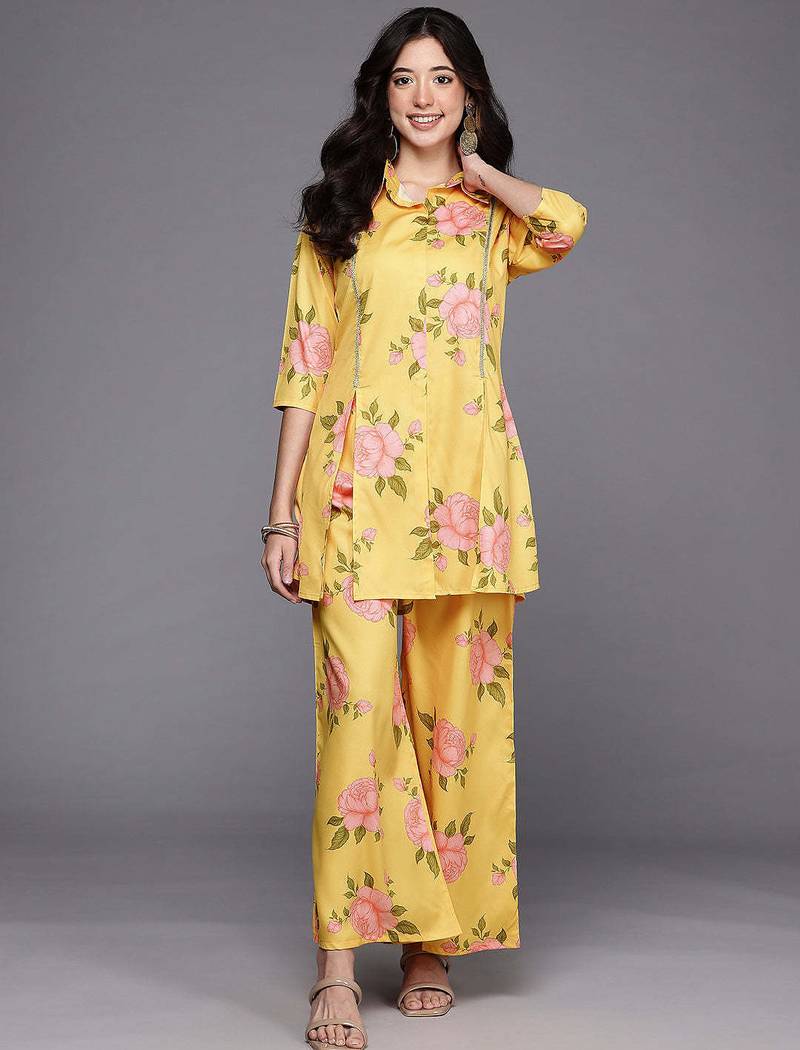 Yellow printed polyester co ord set